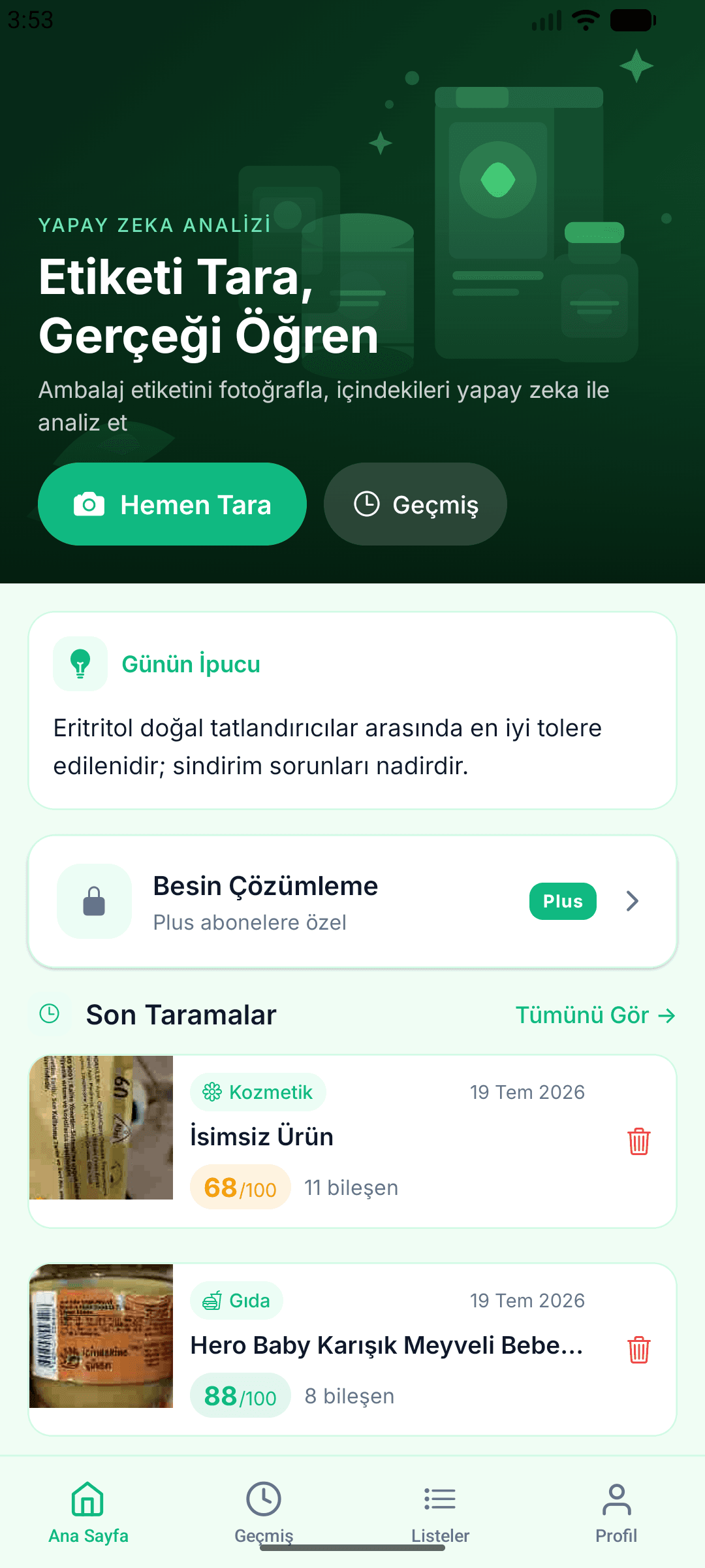 Besin Tarayıcı Uygulama Ekranı