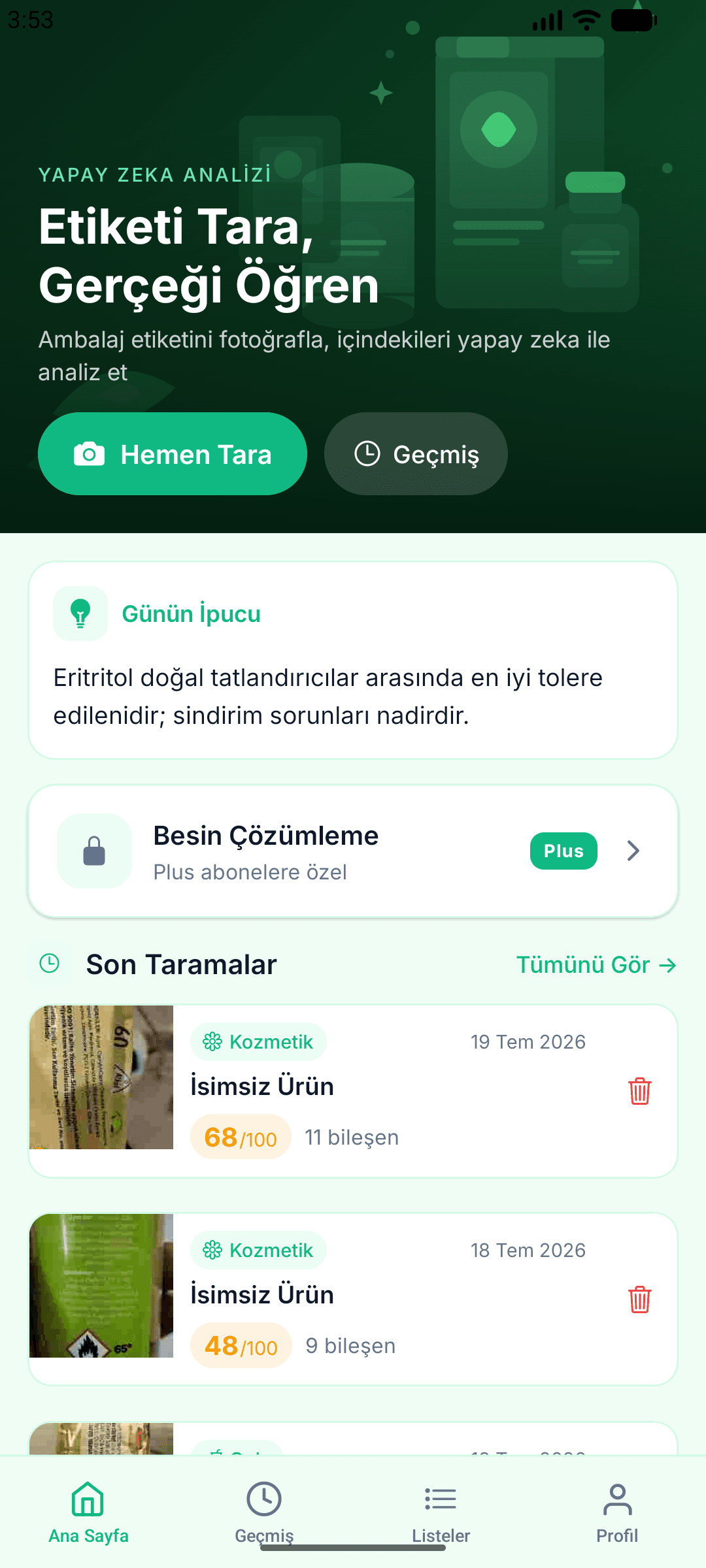 Besin Tarayıcı Sonuç Ekranı